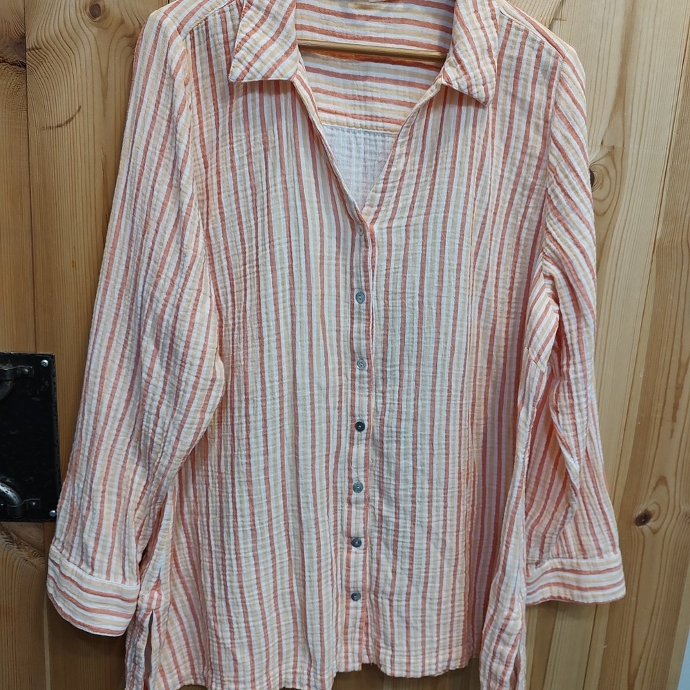 Soft Surroundings 2X Peach White Stripe Button Front Tunic Top 3/4 Sleeve Cotton